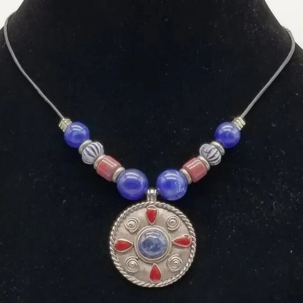 Signed Faux Lapis Faux Coral Leather Cord Beaded Necklace